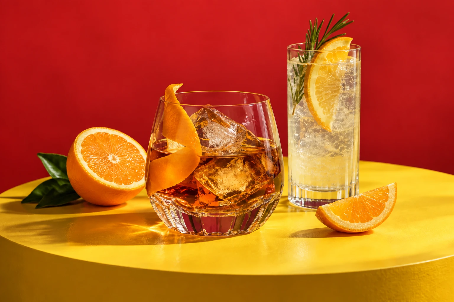 Freshly prepared cocktails with ice and citrus